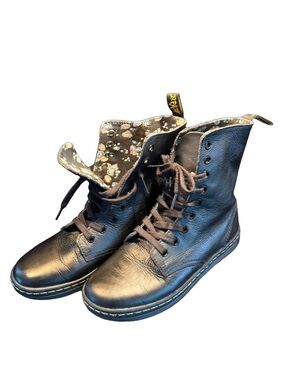 Dr. Martens Black Leather Combat Boots with Floral Lining